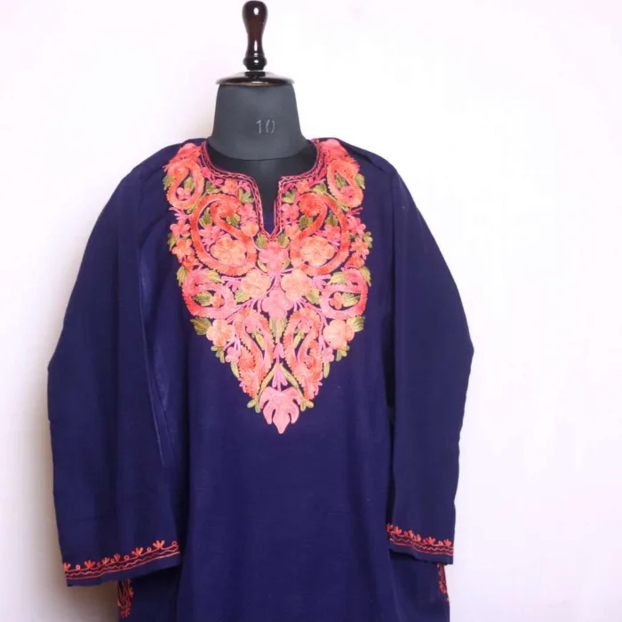 Elegant Indigo Cashmilon Pheran with Beautiful Aari Embroidery | Baghi-Mehtab Collection