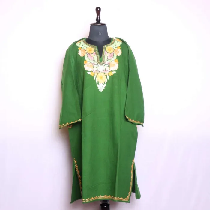 Stylish Green Winter Cashmilon Pheran with Intricate Aari Work | Baghi-Mehtab Collection - Image 2