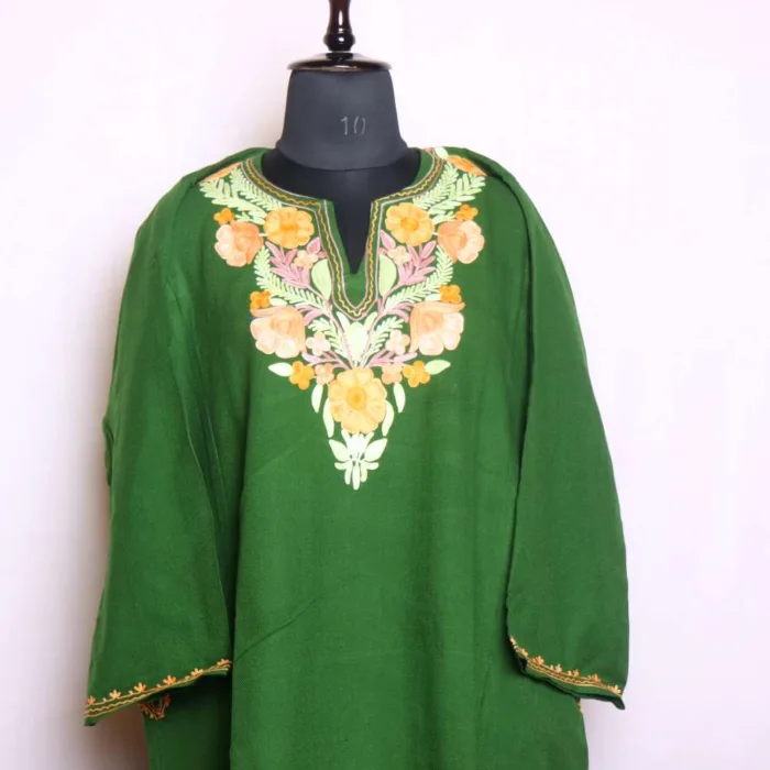 Stylish Green Winter Cashmilon Pheran with Intricate Aari Work | Baghi-Mehtab Collection