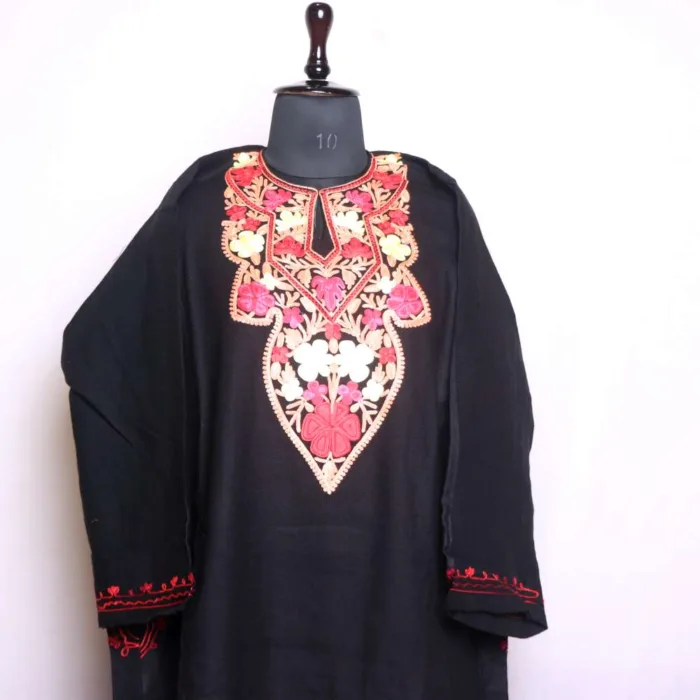 Black Stylish Cashmilon Aari Embroidered Pheran - Badamweer Collection