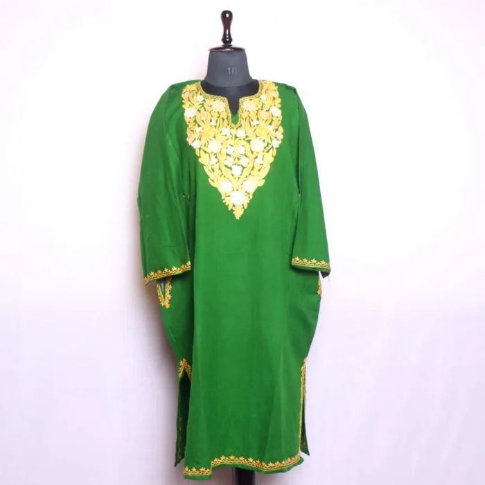 Adorable Green Cashmilon Pheran with Classic Aari Designs | Baghi-Mehtab Collection - Image 2