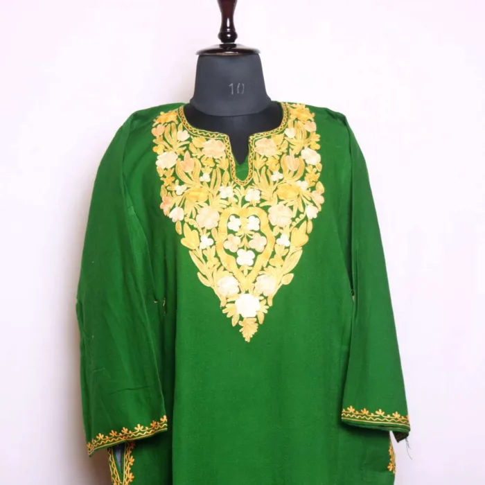 Adorable Green Cashmilon Pheran with Classic Aari Designs | Baghi-Mehtab Collection