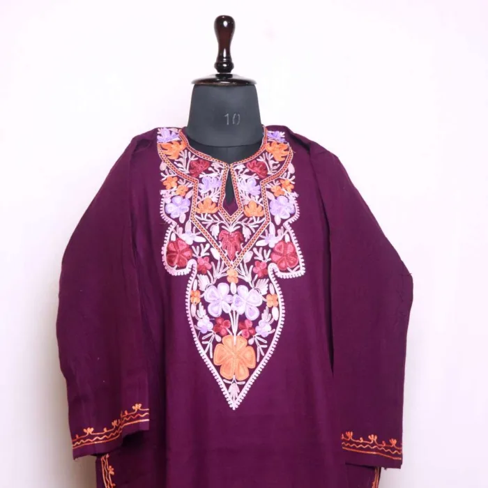 Beautiful Purple Cashmilon Aari Worked Pheran - Badamweer Collection