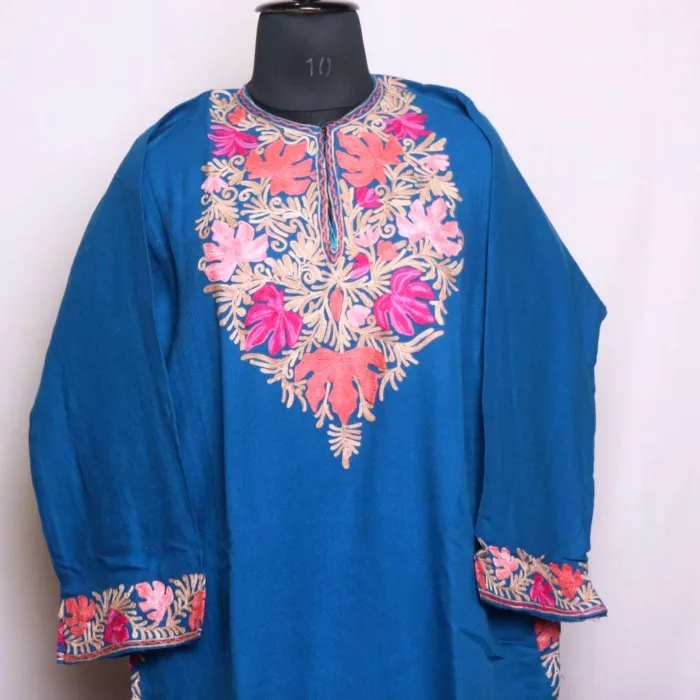 Stylish Blue Cashmilon Pheran with Chinari Sleeve and Damaan Aari Embroidery - Wazir Bagh Collection