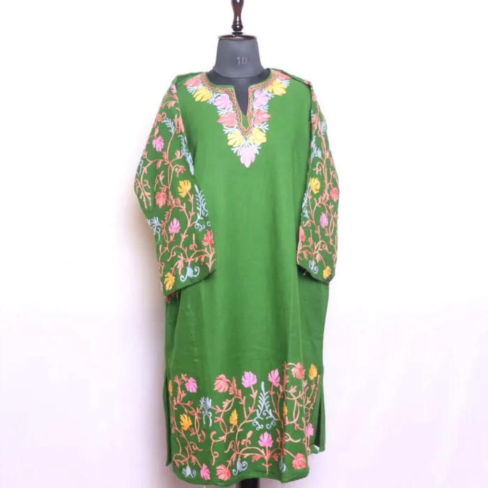 Elegant Green Cashmilon Pheran with Heavy Jaal Sleeve and Damaan in Aari Embroidery - Wazir Bagh Collection - Image 2