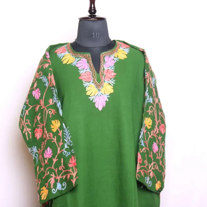 Elegant Green Cashmilon Pheran with Heavy Jaal Sleeve and Damaan in Aari Embroidery - Wazir Bagh Collection - Image 3