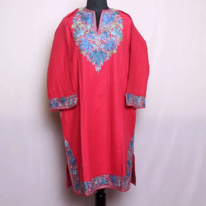 Classic Pinkish Cashmilon Pheran with Chinari Sleeve and Damaan Aari Detailing - Wazir Bagh Collection - Image 2