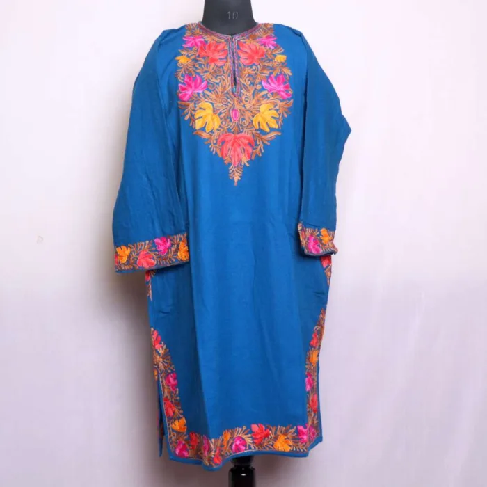 Beautiful Aari Worked Blue Pheran with Chinari Sleeve and Damaan in Cashmilon - Wazir Bagh Collection - Image 2