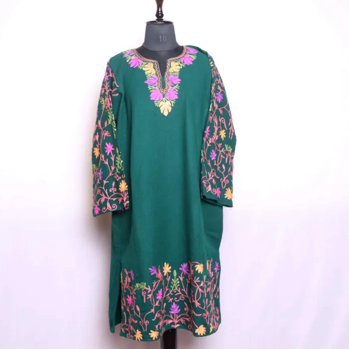 Stylish Aari Embroidered Dark Green Cashmilon Pheran with Heavy Jaal Sleeve and Damaan - Wazir Bagh Collection - Image 2