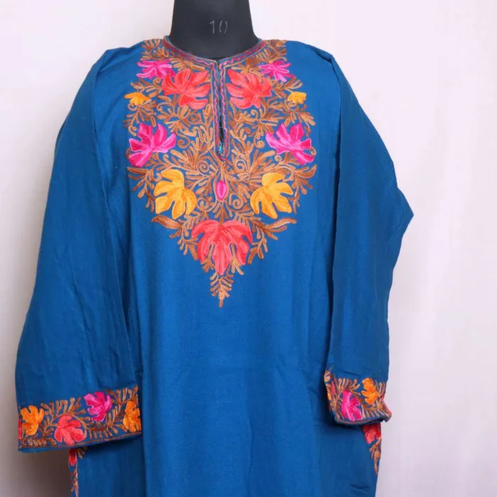 Beautiful Aari Worked Blue Pheran with Chinari Sleeve and Damaan in Cashmilon - Wazir Bagh Collection