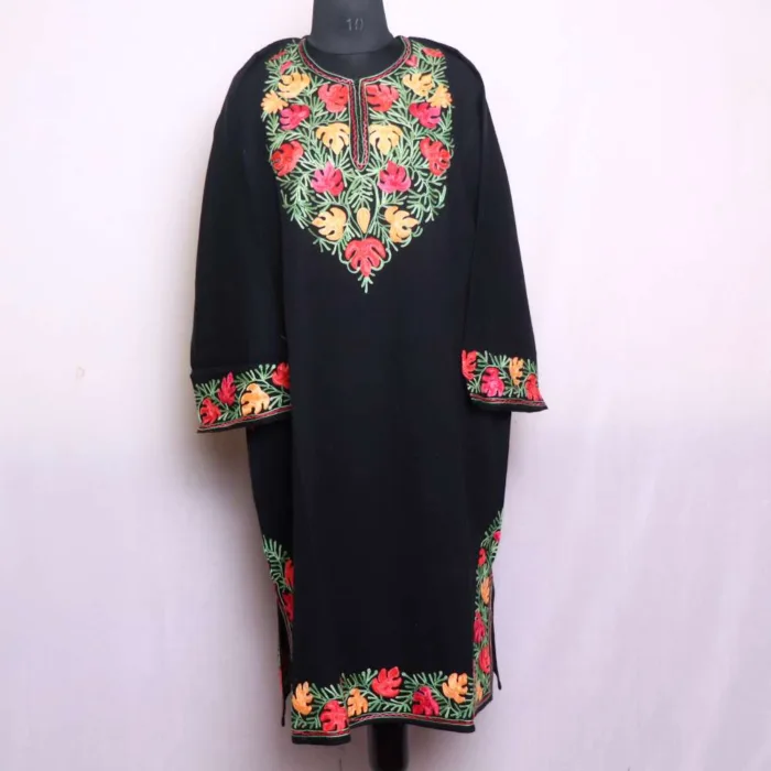 Adorable Black Cashmilon Pheran with Aari Embroidered Chinari Sleeve and Damaan - Wazir Bagh Collection - Image 2