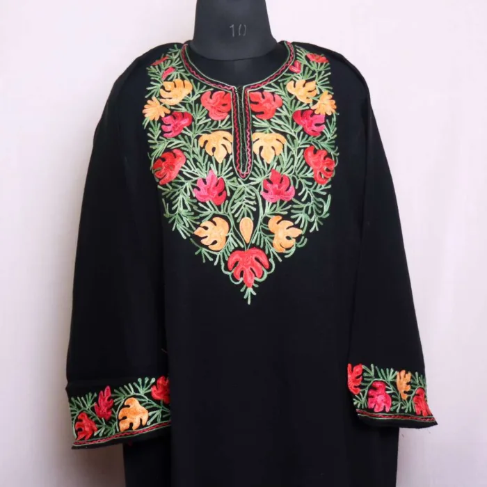 Adorable Black Cashmilon Pheran with Aari Embroidered Chinari Sleeve and Damaan - Wazir Bagh Collection