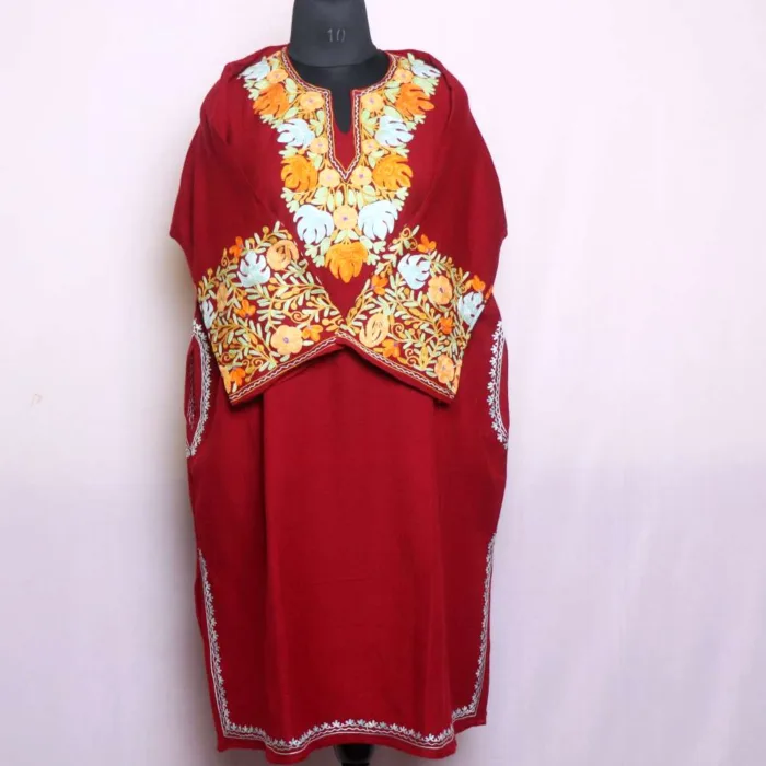 Stylish Maron Chinari Designer Sleeve Embroidered Pheran in Cashmilon with Aari Work - Wazir Bagh Collection - Image 2