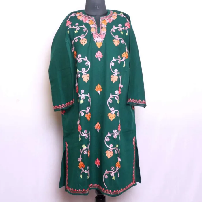 Elegant Dark Green Chinari Designer Ze Lakeer Pheran in Cashmilon with Aari Embroidery - Wazir Bagh Collection