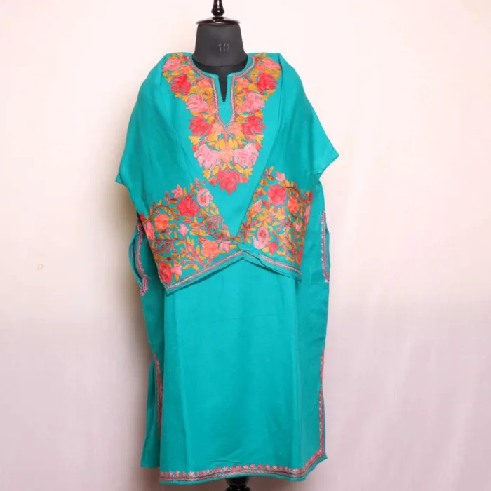 Elegant Sea Green Aari Embroidered Chinari Designer Sleeve Pheran in Soft Cashmilon - Wazir Bagh Collection - Image 2