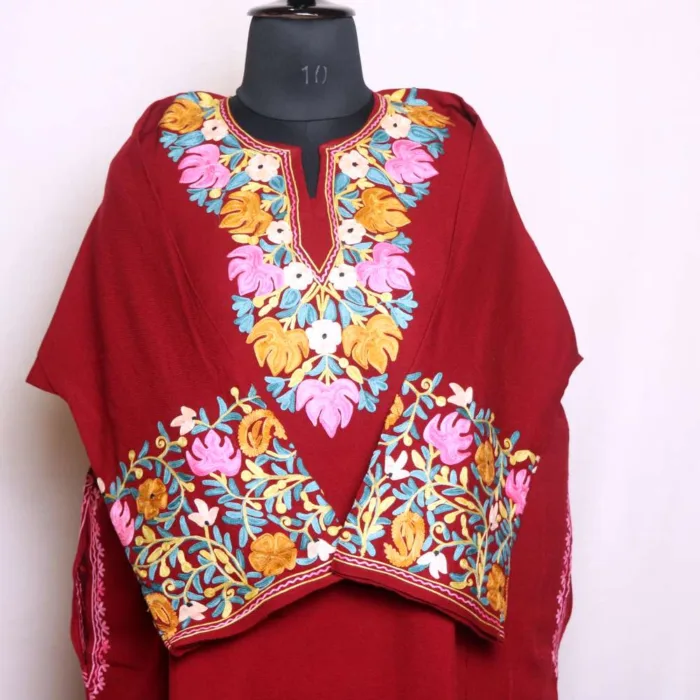 Beautiful Maroon Chinari Sleeve Embroidered Pheran Crafted in Cashmilon - Wazir Bagh Collection