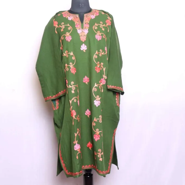 Stylish Green Ze Lakeer Pheran with Chinari Design and Aari Work in Cashmilon - Wazir Bagh Collection