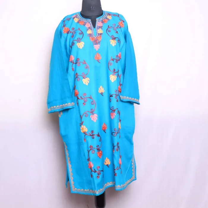 Beautiful Deep Sky Blue Chinari Designer Ze Lakeer Pheran Crafted in Cashmilon - Wazir Bagh Collection