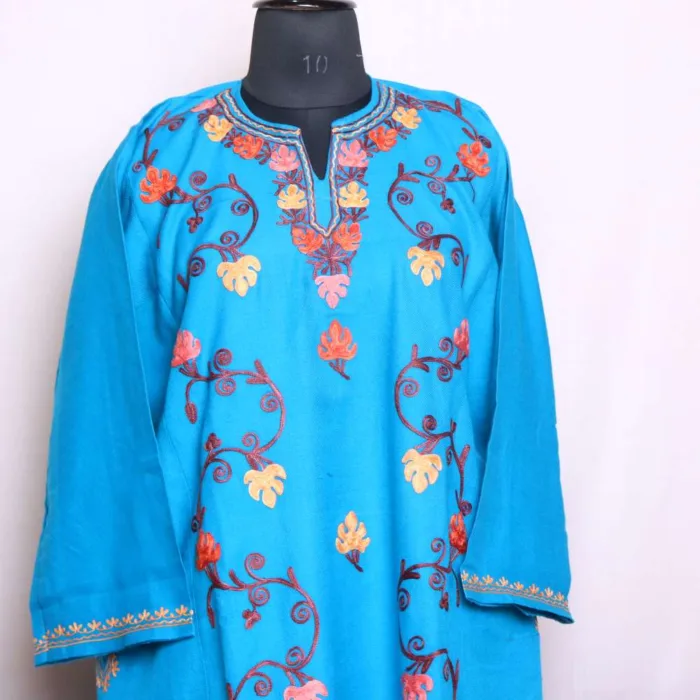 Beautiful Deep Sky Blue Chinari Designer Ze Lakeer Pheran Crafted in Cashmilon - Wazir Bagh Collection - Image 2