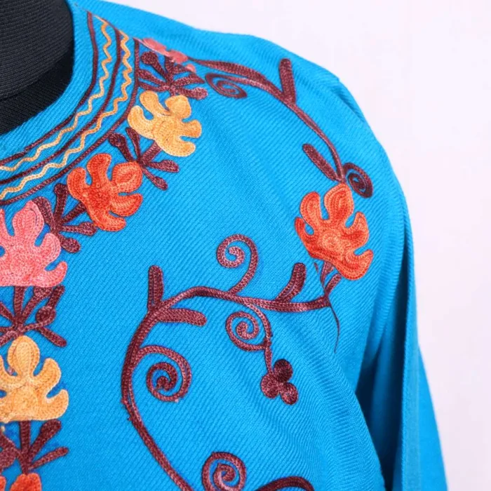 Beautiful Deep Sky Blue Chinari Designer Ze Lakeer Pheran Crafted in Cashmilon - Wazir Bagh Collection - Image 3