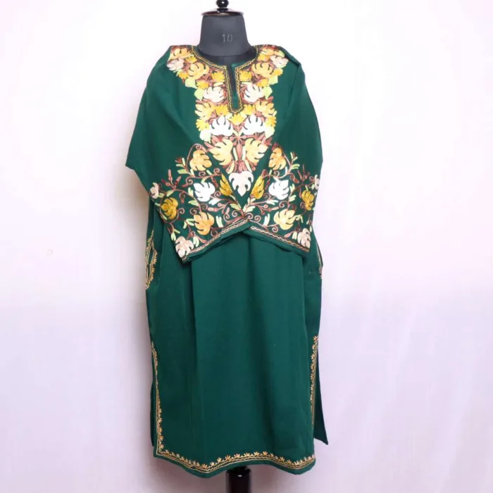 Dark Green Chinari Designer Sleeve Pheran in Cashmilon with Aari Detailing - Wazir Bagh Collection - Image 2