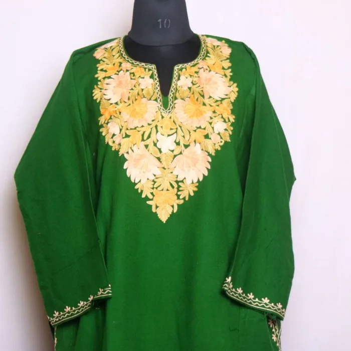 Elegant Green Cashmilon Pheran with Aari Embroidery - Baghmehtab Collection