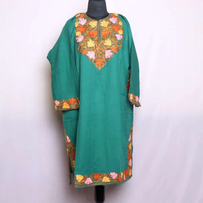 Elegant Sea Green Chinari Sleeve and Damaan Pheran in Cashmilon with Aari Embroidery - Wazir Bagh Collection - Image 2