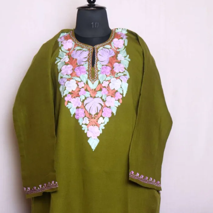 Stylish Olive Aari Embroidered Pheran in Soft Cashmilon Fabric - Baghmehtab Collection