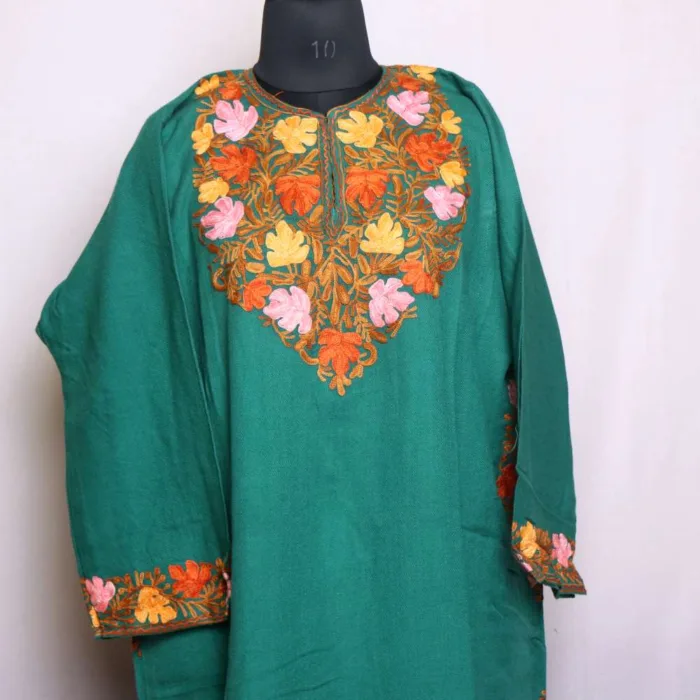 Elegant Sea Green Chinari Sleeve and Damaan Pheran in Cashmilon with Aari Embroidery - Wazir Bagh Collection