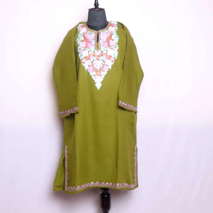 Stylish Olive Aari Embroidered Pheran in Soft Cashmilon Fabric - Baghmehtab Collection - Image 2