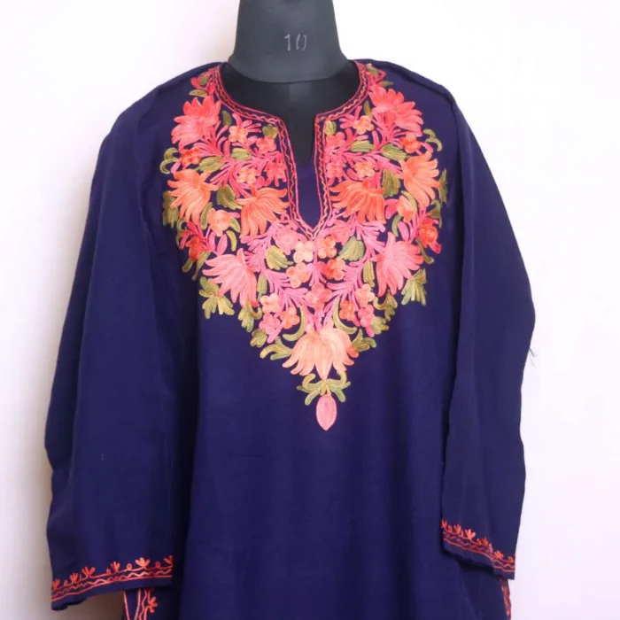 Mid-Night Blue Cashmilon Fabric Pheran with Aari Embroidery - Baghmehtab Collection