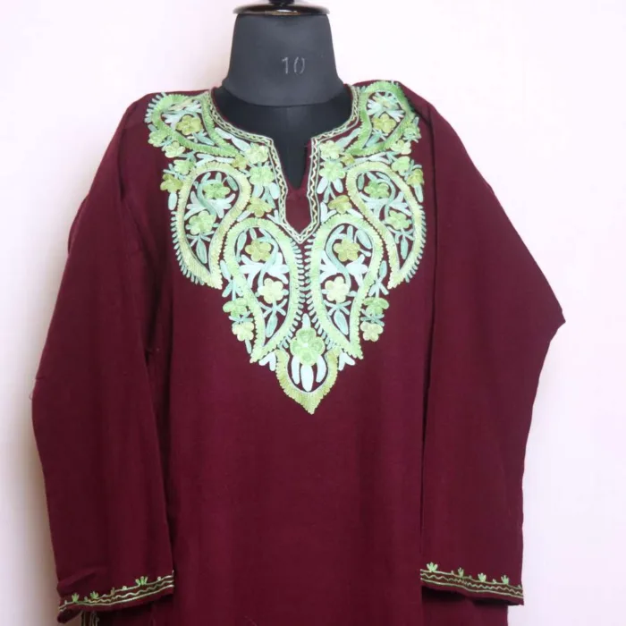 Classic Aari Embroidered Maroon Cashmilon Pheran for Winter Wear - Baghmehtab Collection