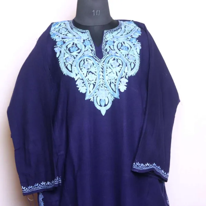 Sophisticated Dark Blue Cashmilon Pheran with Aari Embroidery - Baghmehtab Collection