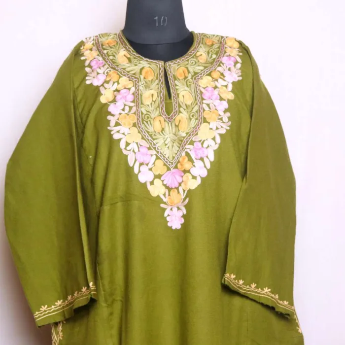 Olive Green Aari Embroidered Pheran in Cozy Cashmilon Fabric - Baghmehtab Collection