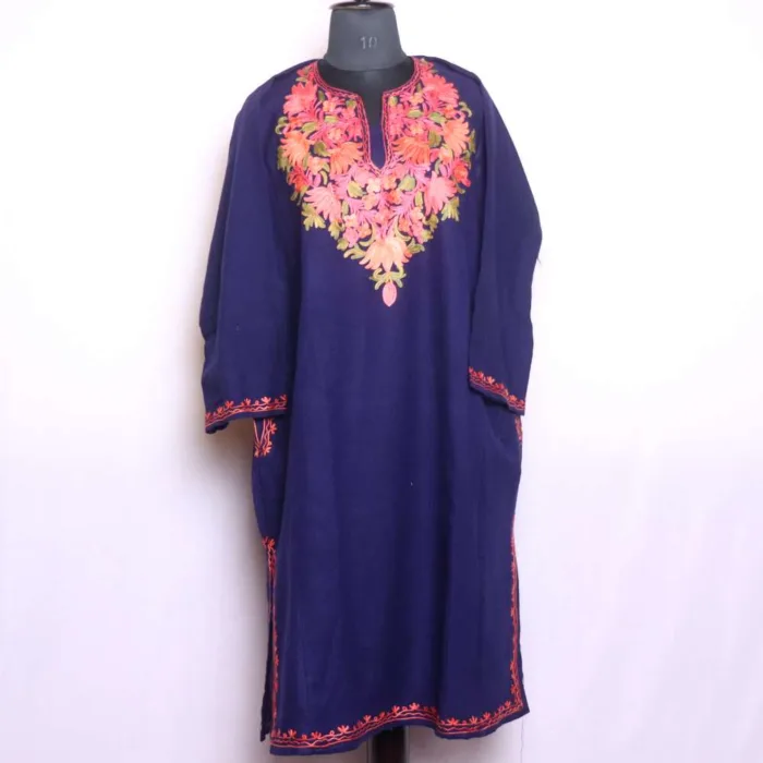 Mid-Night Blue Cashmilon Fabric Pheran with Aari Embroidery - Baghmehtab Collection - Image 2