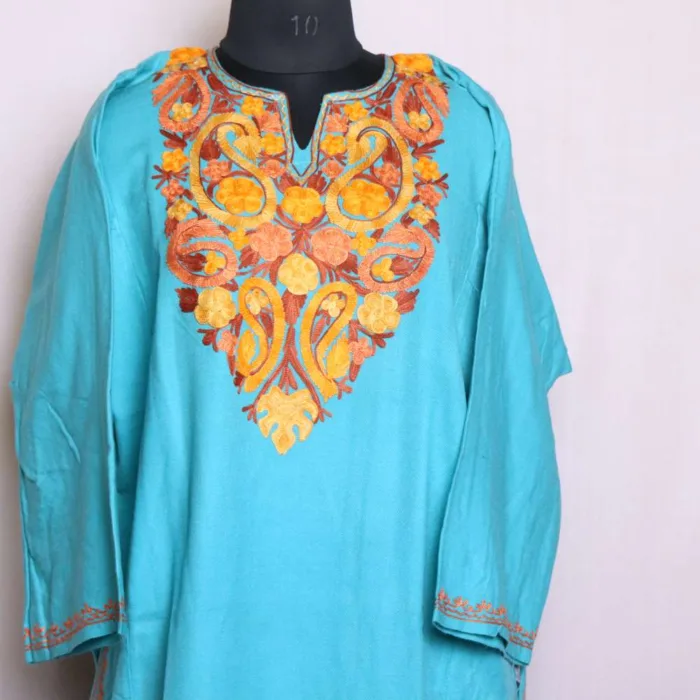 Adorable Aqua Aari Worked Pheran in Soft Cashmilon Fabric - Baghmehtab Collection