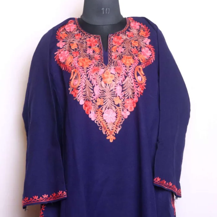 Warm and Elegant Darl Blue Cashmilon Pheran with Aari Detailing - Baghmehtab Collection