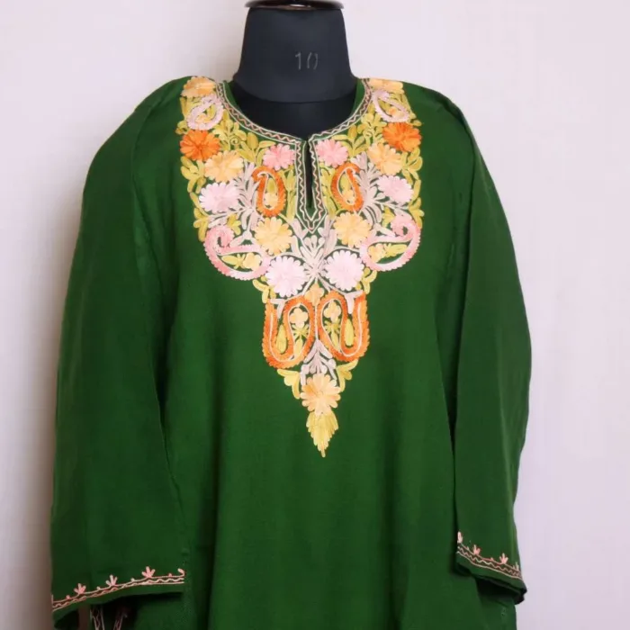 Beautiful Green Cashmilon Pheran with Traditional Aari Work - Baghmehtab Collection