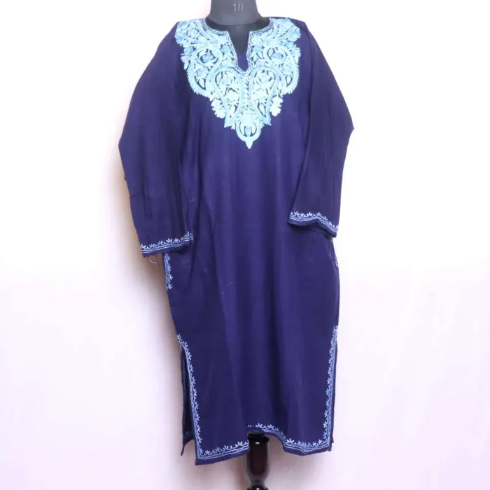 Sophisticated Dark Blue Cashmilon Pheran with Aari Embroidery - Baghmehtab Collection - Image 2