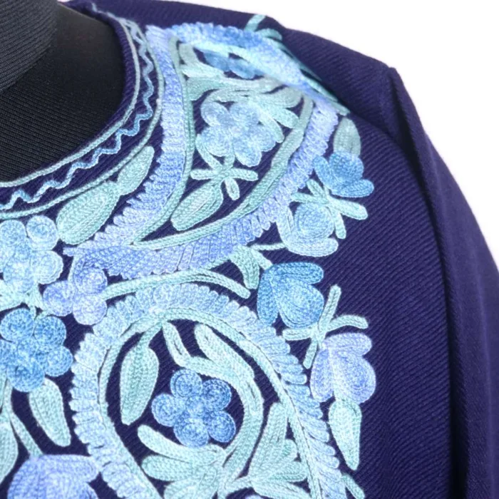 Sophisticated Dark Blue Cashmilon Pheran with Aari Embroidery - Baghmehtab Collection - Image 3