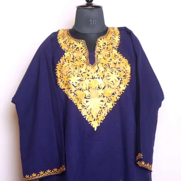 Cozy and Stylish Dark Blue Cashmilon Pheran with Aari Embroidery - Baghmehtab Collection