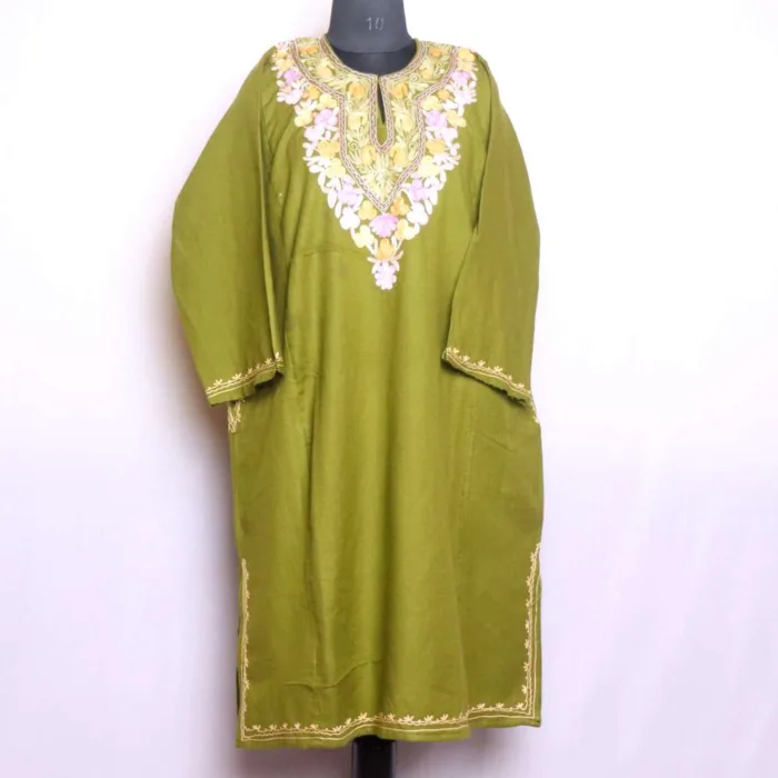 Olive Green Aari Embroidered Pheran in Cozy Cashmilon Fabric - Baghmehtab Collection - Image 3