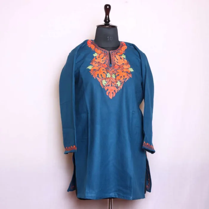 Stylish Midnight Blue Aari Embroidered Cashmilon Short Kurta | Wazir Bagh Collection