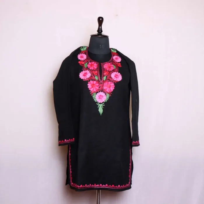 Black Aari Embroidery Cashmilon Short Kurta | Wazir Bagh Collection