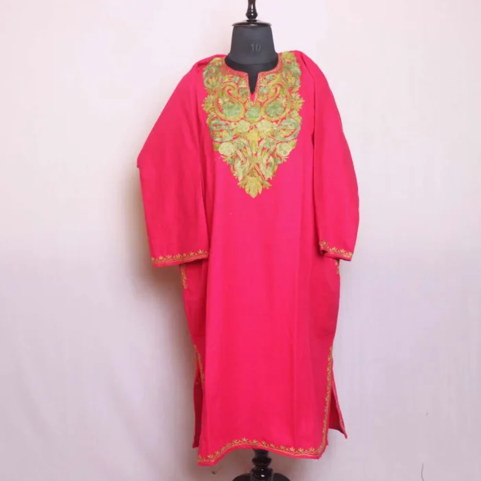 Modern Hot-Pink Aari Embroidered Cashmilon Pheran for Women - Chattabal Collection - Image 2