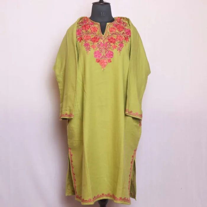 Sophisticated Parrot Green Cashmilon Pheran | Feran with Aari Detailing - Chattabal Collection - Image 2