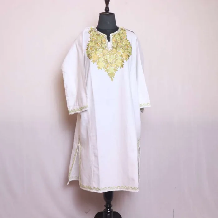 White Traditional Aari Worked Cashmilon Pheran - Chattabal Collection - Image 2