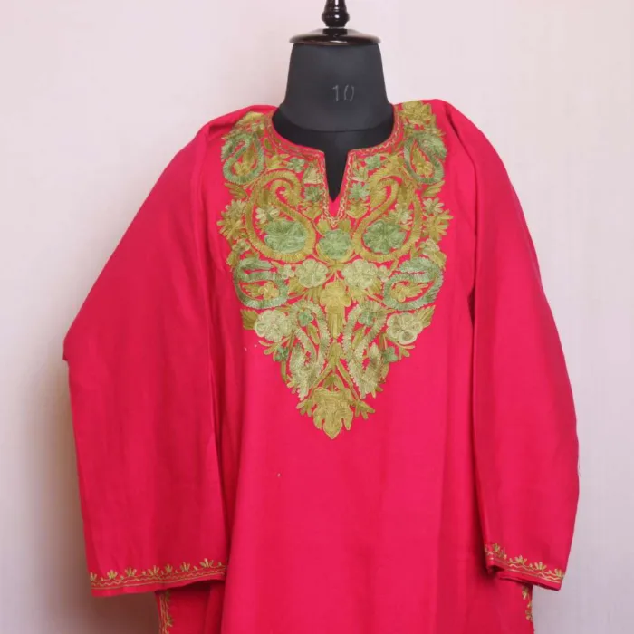 Modern Hot-Pink Aari Embroidered Cashmilon Pheran for Women - Chattabal Collection