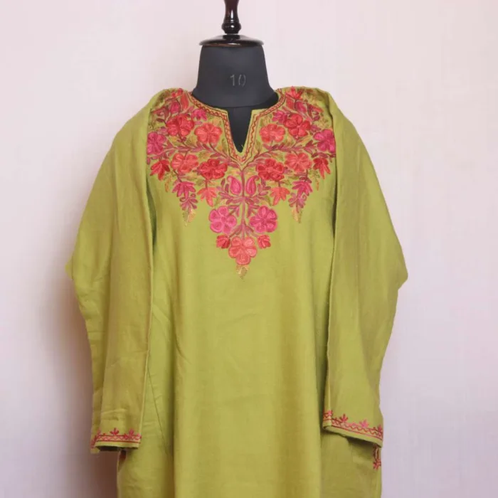 Sophisticated Parrot Green Cashmilon Pheran | Feran with Aari Detailing - Chattabal Collection