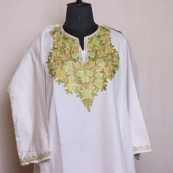 White Traditional Aari Worked Cashmilon Pheran - Chattabal Collection